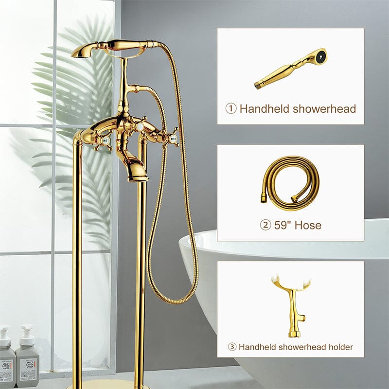 Floor Mount Freestanding Bathtub Faucet with Handheld Shower Gold Retro Style