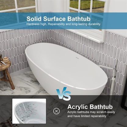 55'' Solid Surface Stone Resin Oval-shaped Freestanding Soaking Bathtub with Overflow