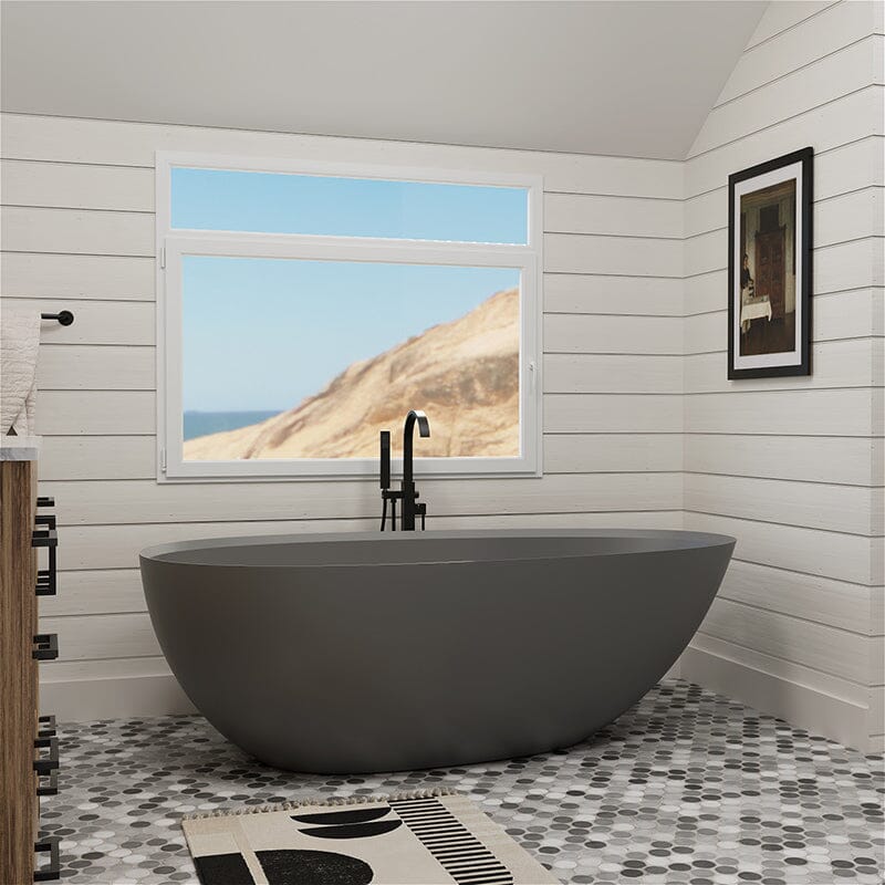 67'' Solid Surface Stone Resin Modern Egg Shaped Freestanding Soaking Bathtub with Overflow