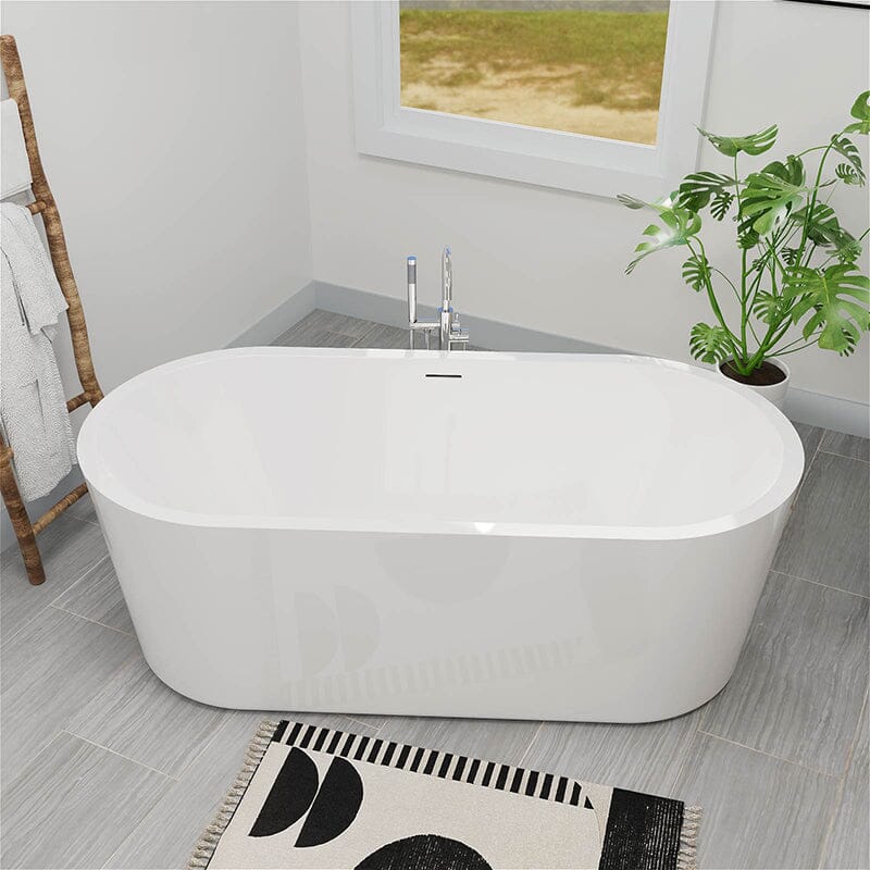 65" Acrylic Oval Flatbottom Freestanding Soaking Bathtub in Glossy White