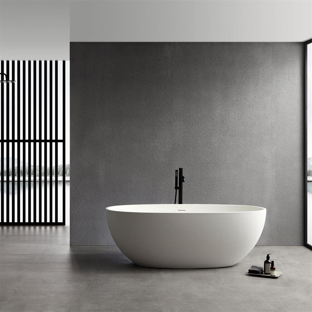 65'' Solid Surface Stone Resin Oval-shaped Freestanding Soaking Bathtub with Overflow