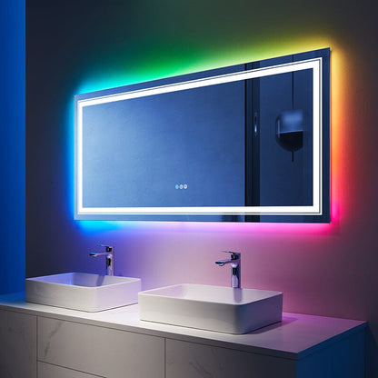 RGB LED Light Bathroom Vanity Mirror Rectangular Frameless Anti Fog