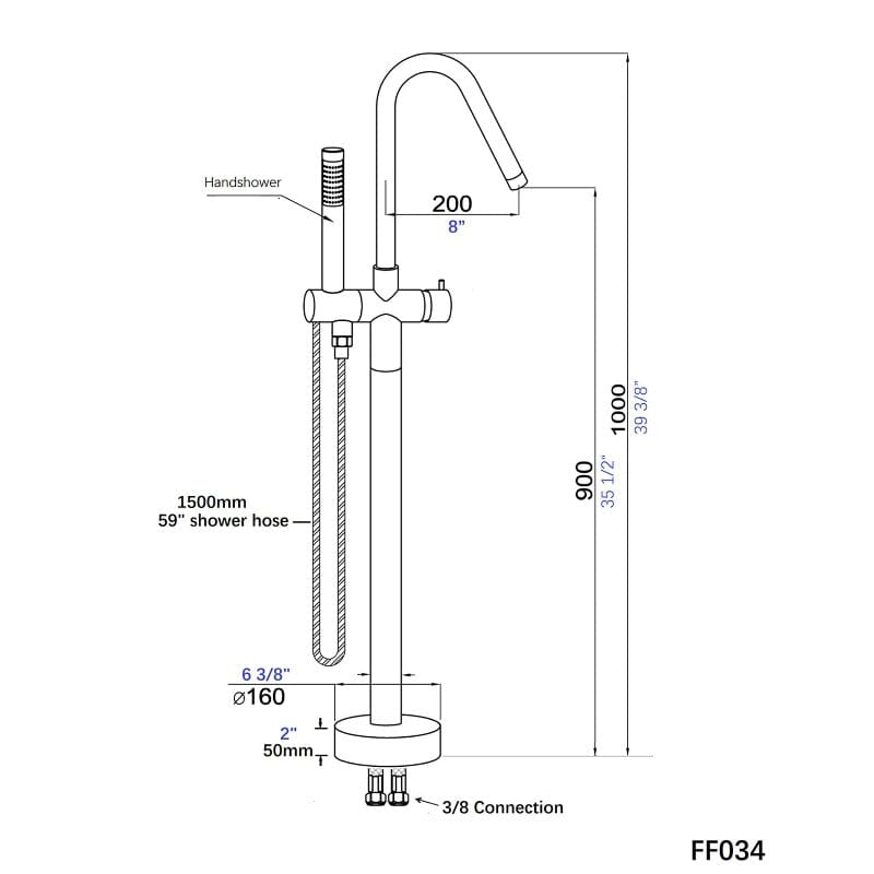 38'' Silver Streamline Independent Freestanding Tub Filler Faucet