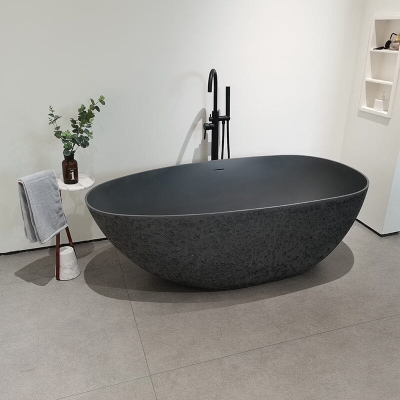 67'' Modern Art Pattern Concrete Gray Solid Surface Egg Shaped Freestanding Soaking Bathtub