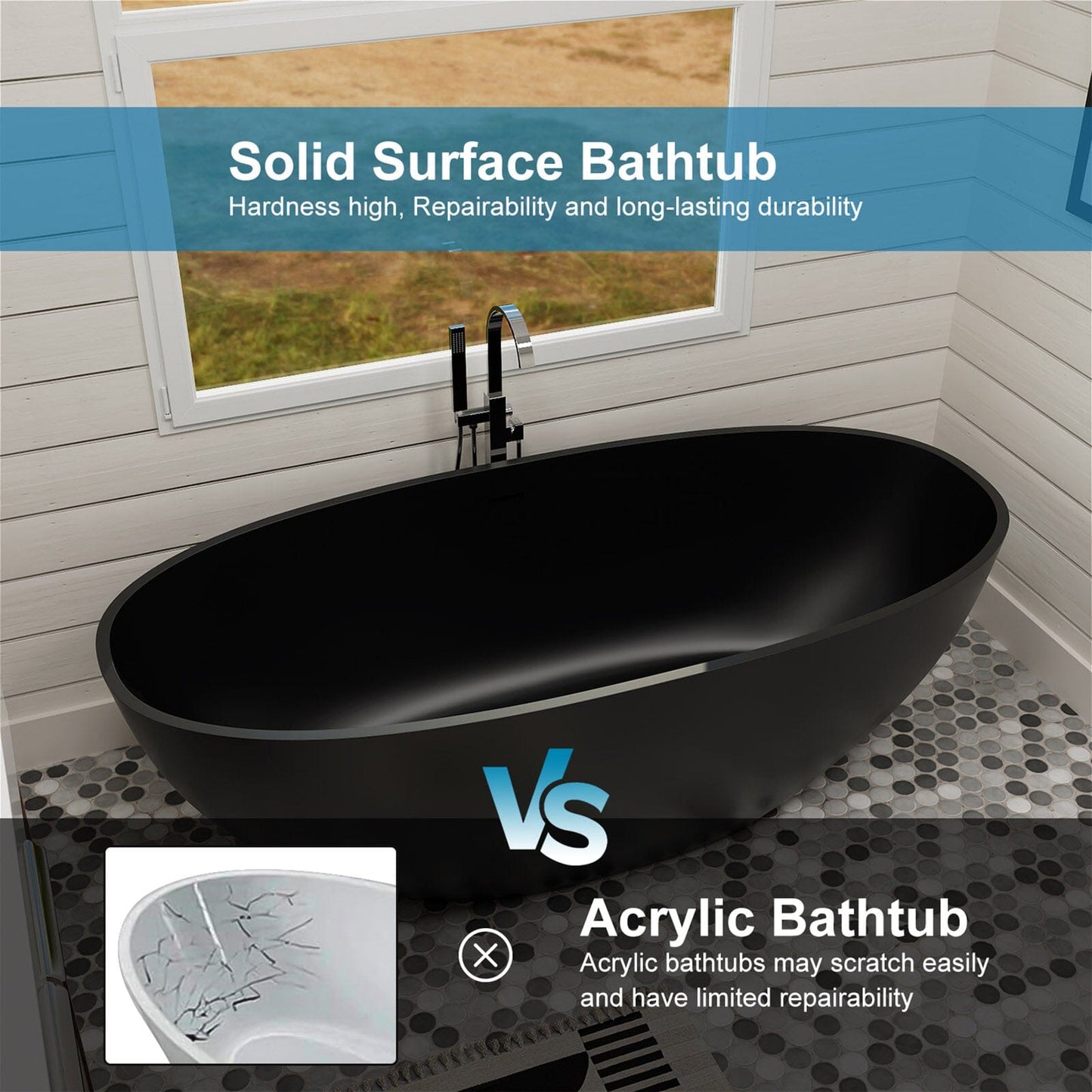 55'' Solid Surface Stone Resin Oval-shaped Freestanding Soaking Bathtub with Overflow