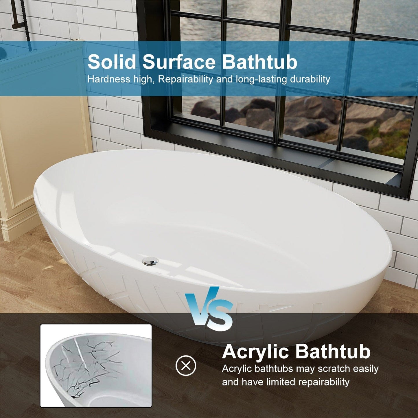 67'' Large Oval Tub Solid Surface Stone Resin Freestanding Soaking Bathtub