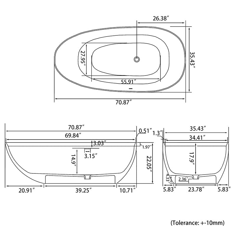 71'' Solid Surface Stone Resin Oval-shaped Freestanding Soaking Bathtub with Overflow