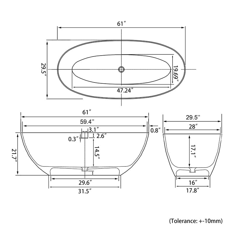 61'' Solid Surface Stone Resin Oval-shaped Matte White Freestanding Soaking Bathtub with Overflow