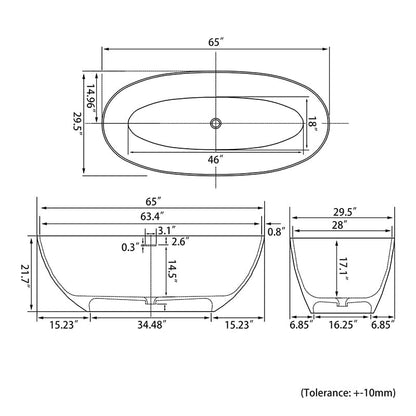 65'' Solid Surface Stone Resin Oval-shaped Freestanding Soaking Bathtub with Overflow