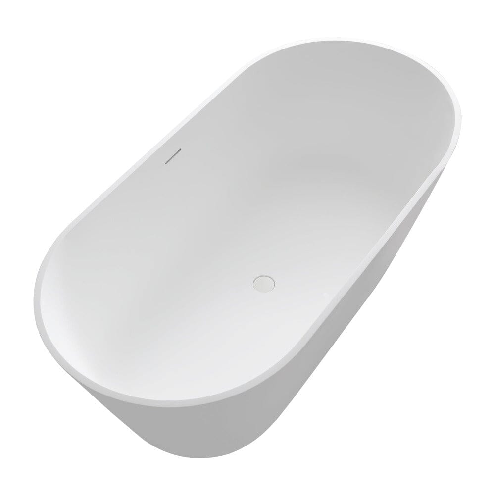 63'' Solid Surface Stone Resin Oval-shaped Matte White Freestanding Soaking Bathtub with Overflow