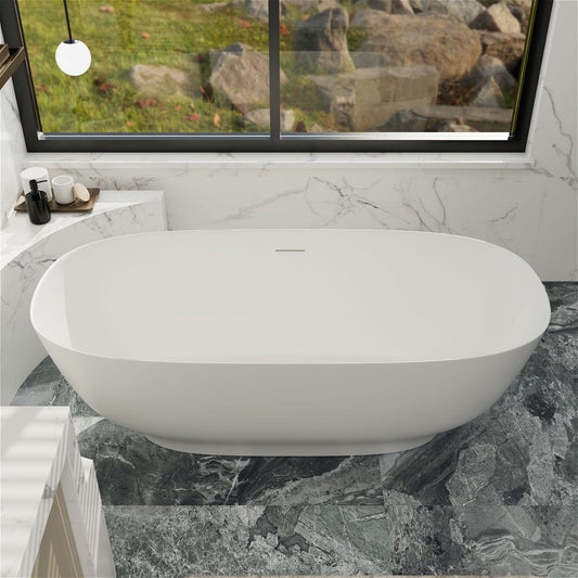 63'' Modern Freestanding Soaking Tub Solid Surface Stone Resin Bathtub Rounded Rectangle