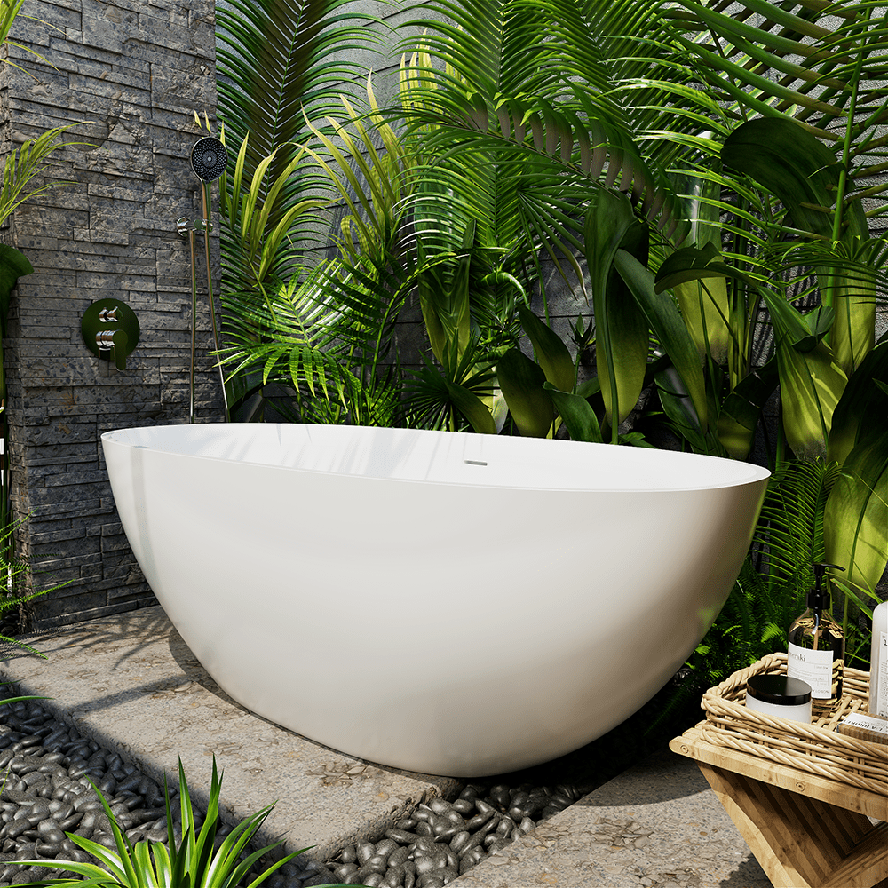 65'' Solid Surface Stone Resin Oval-shaped Freestanding Soaking Bathtub with Overflow