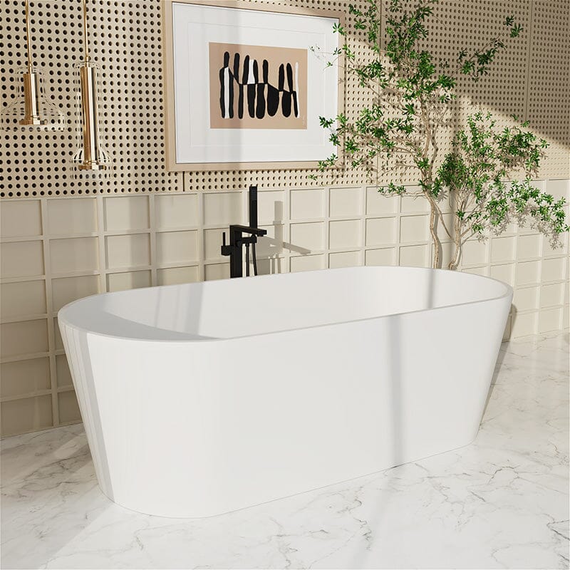 63'' Solid Surface Stone Resin Oval-shaped Matte White Freestanding Soaking Bathtub with Overflow