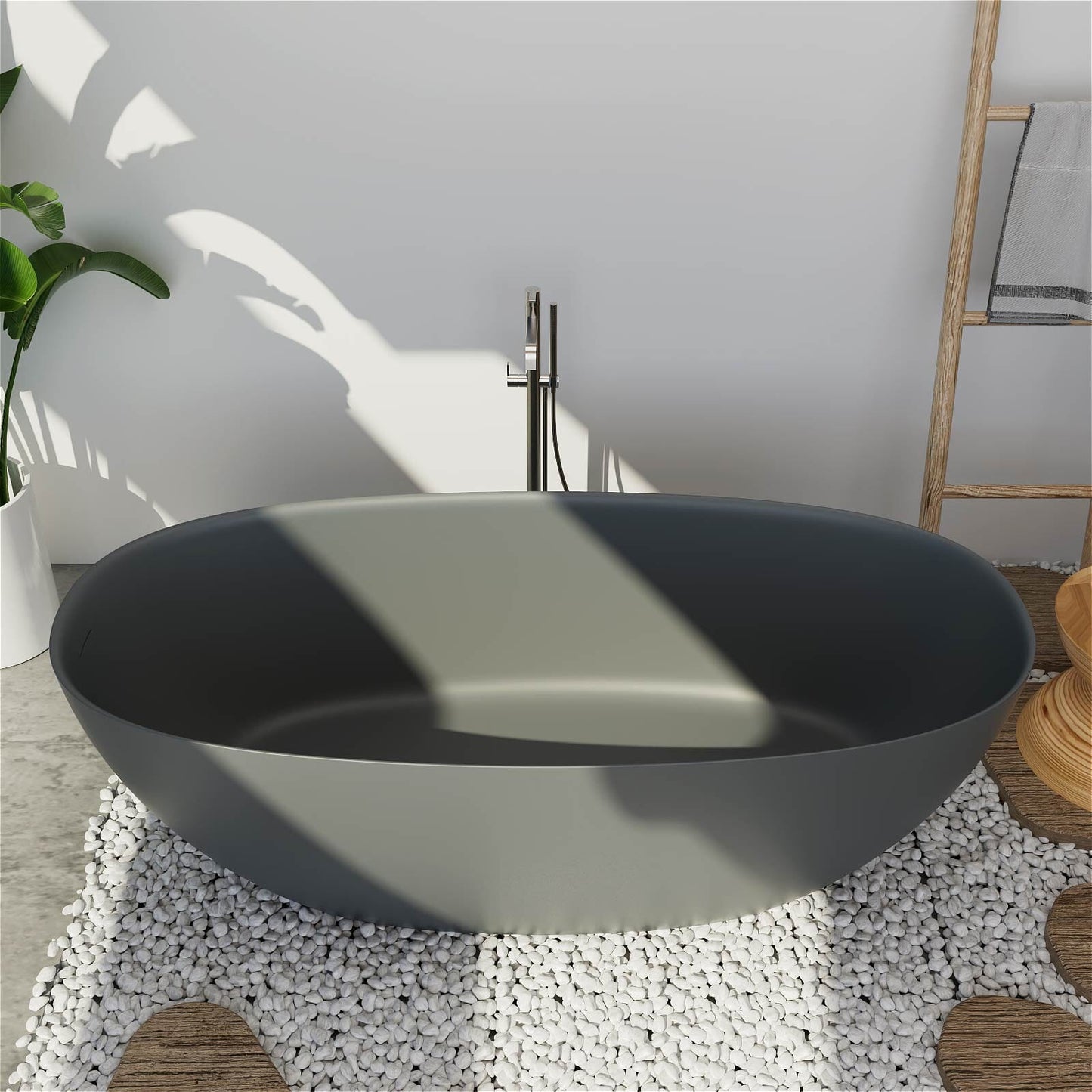 65'' Solid Surface Stone Resin Modern Oval Shaped Freestanding Soaking Bathtub with Overflow