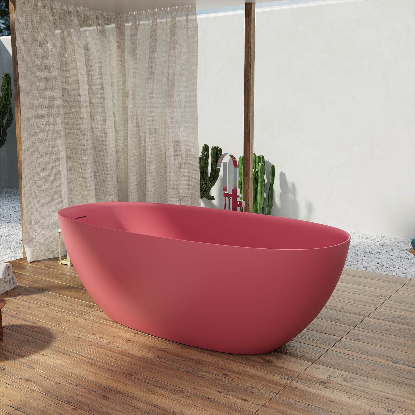 65'' Solid Surface Stone Resin Modern Oval Shaped Freestanding Soaking Bathtub with Overflow