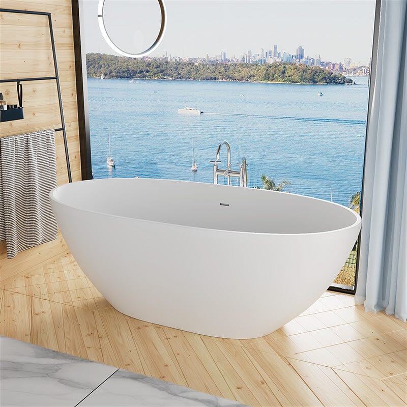 61'' Solid Surface Stone Resin Oval-shaped Matte White Freestanding Soaking Bathtub with Overflow