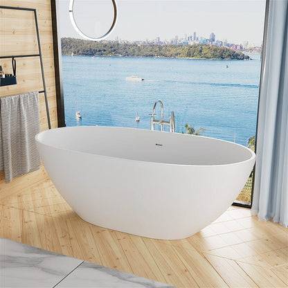 61'' Solid Surface Stone Resin Oval-shaped Matte White Freestanding Soaking Bathtub with Overflow