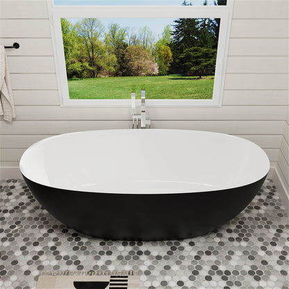 65'' Solid Surface Stone Resin Modern Oval Shaped Freestanding Soaking Bathtub with Overflow