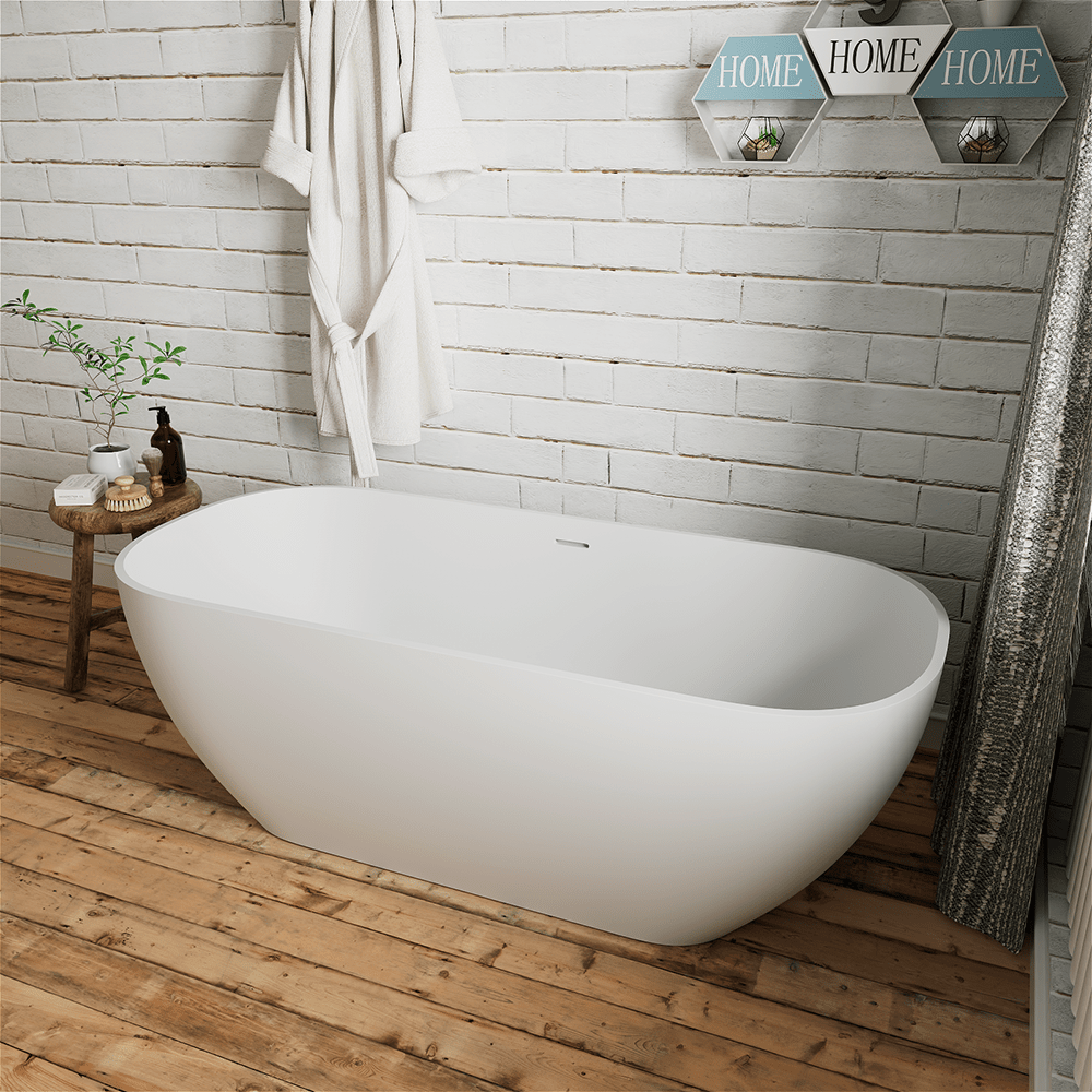 67'' Solid Surface Stone Resin Modern Oval Matte White Freestanding Soaking Bathtub with Overflow