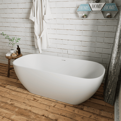 67'' Solid Surface Stone Resin Modern Oval Matte White Freestanding Soaking Bathtub with Overflow