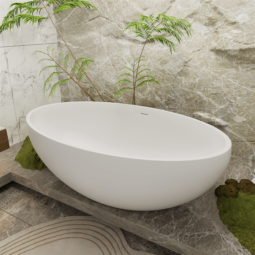 67'' Solid Surface Stone Resin Oval-shaped Matte White Freestanding Soaking Bathtub with Overflow