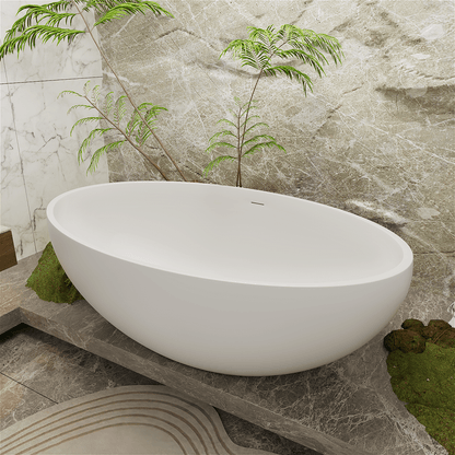 67'' Solid Surface Stone Resin Oval-shaped Matte White Freestanding Soaking Bathtub with Overflow