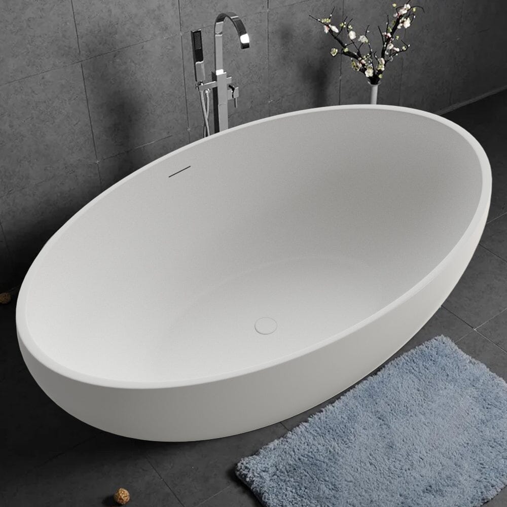 67'' Solid Surface Stone Resin Oval-shaped Matte White Freestanding Soaking Bathtub with Overflow