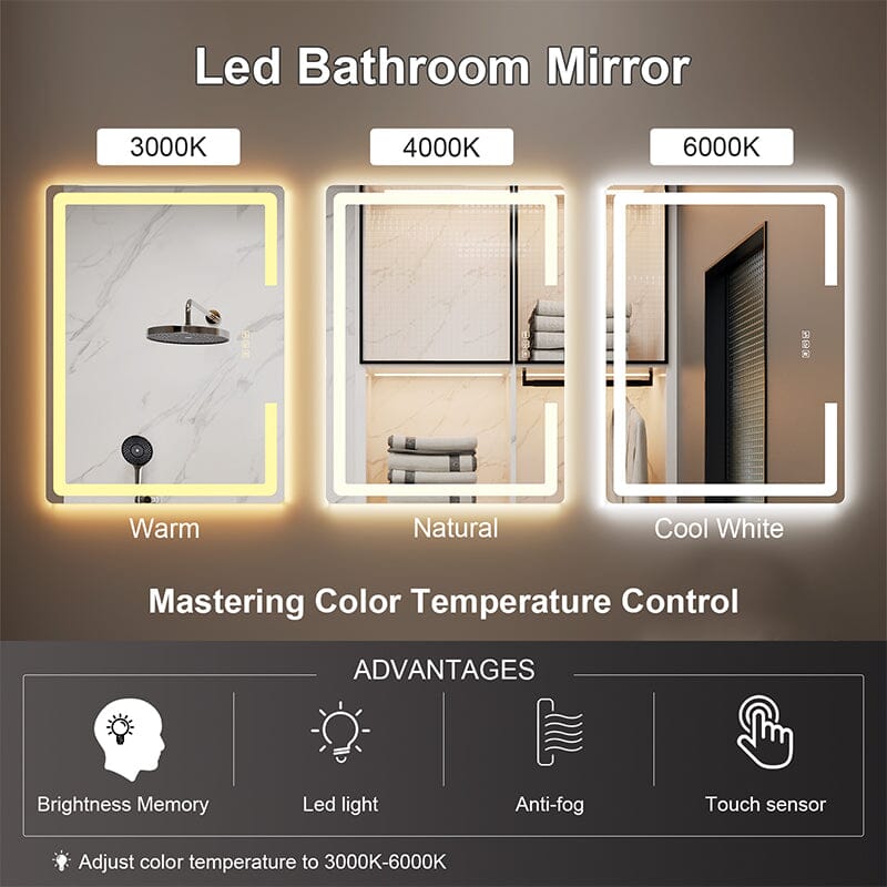 LED Light Bathroom Mirror Rounded Rectangle Frameless Anti Fog