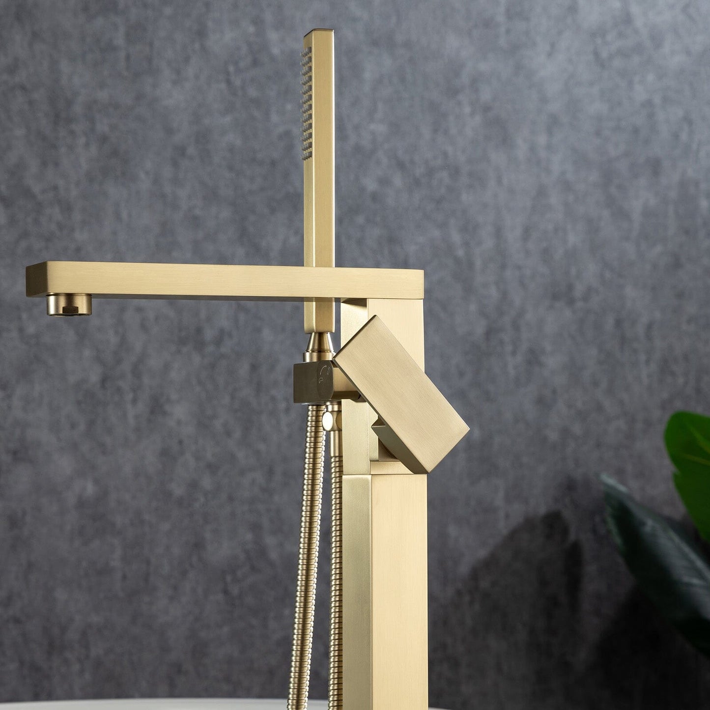 180° Rotation Brushed Gold Modern Freestanding Tub Filler Faucet with Hand Shower