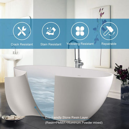 65'' Solid Surface Stone Resin Oval-shaped Freestanding Soaking Bathtub with Overflow