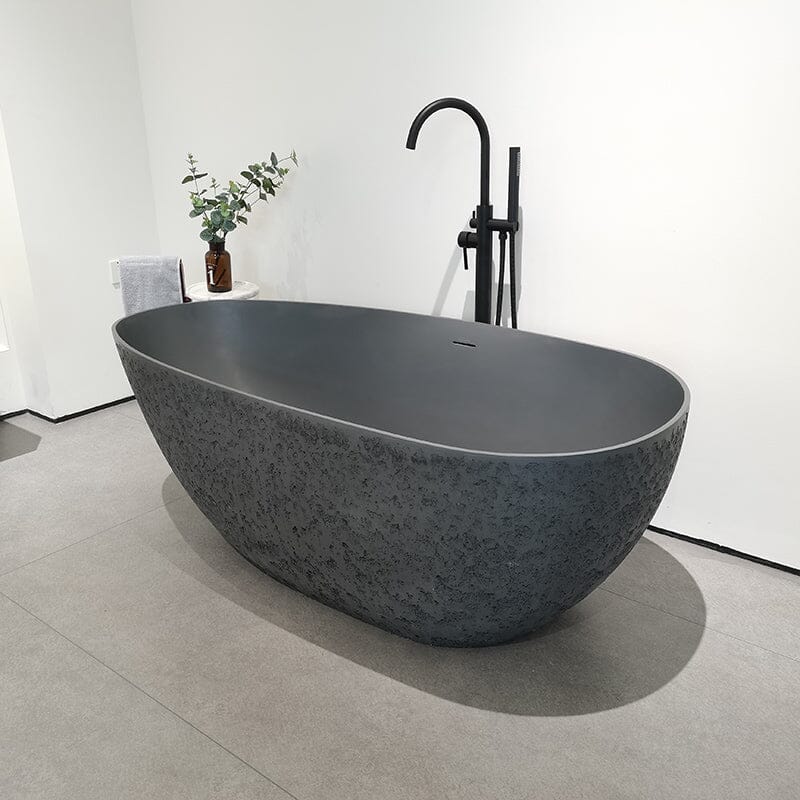 67'' Modern Art Pattern Concrete Gray Solid Surface Egg Shaped Freestanding Soaking Bathtub