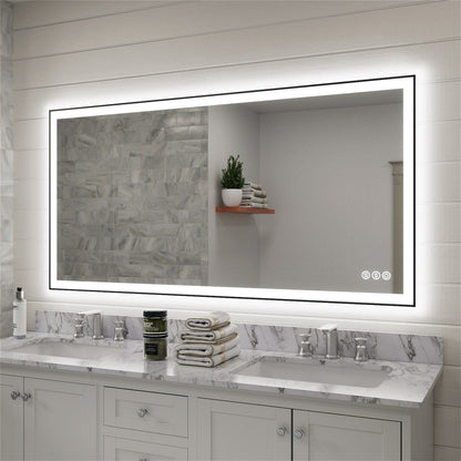 60"/72"/84" LED Bathroom Mirror with Black Frame, Anti-Fog, Shatter-Proof, Memory, 3 Colors