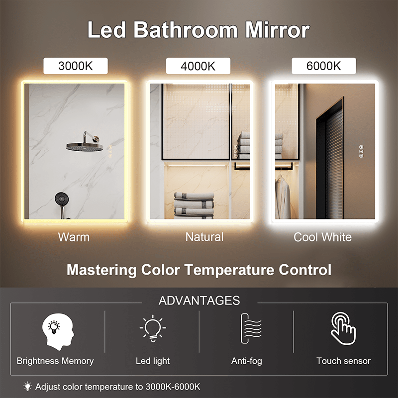 LED Light Bathroom Mirror Rounded Rectangle Frameless Anti Fog