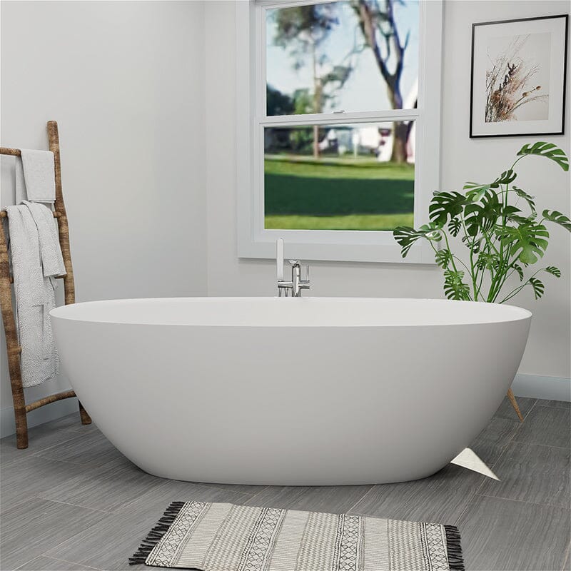 65'' Solid Surface Stone Resin Modern Oval Shaped Freestanding Soaking Bathtub with Overflow