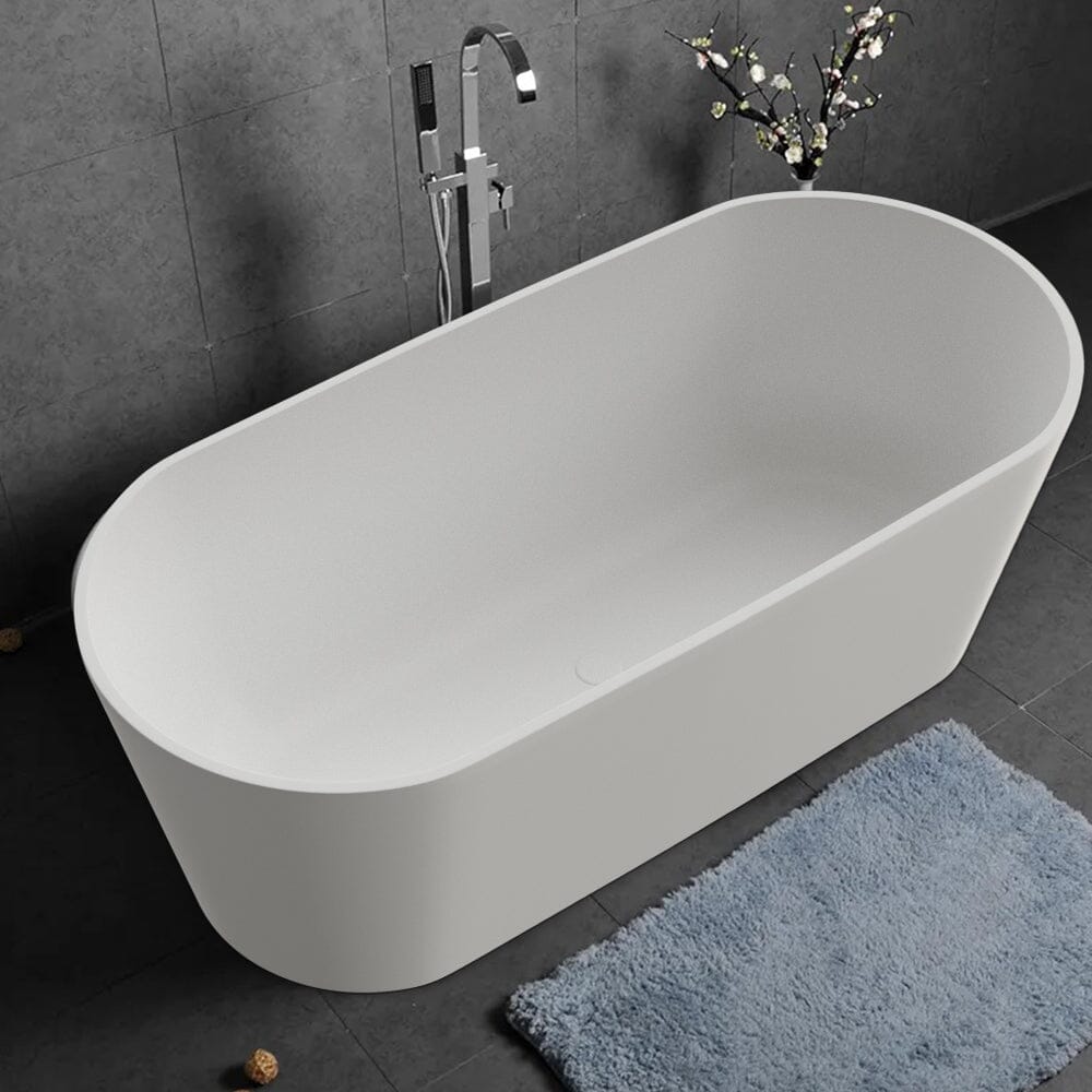 63'' Solid Surface Stone Resin Oval-shaped Matte White Freestanding Soaking Bathtub with Overflow