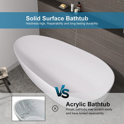 71'' Solid Surface Stone Resin Oval-shaped Freestanding Soaking Bathtub with Overflow