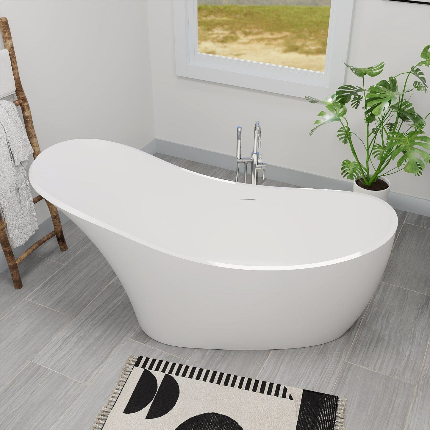 66'' Single Slipper Tub Solid Surface Stone Resin Freestanding Soaking Bathtub Comfortable Backrest