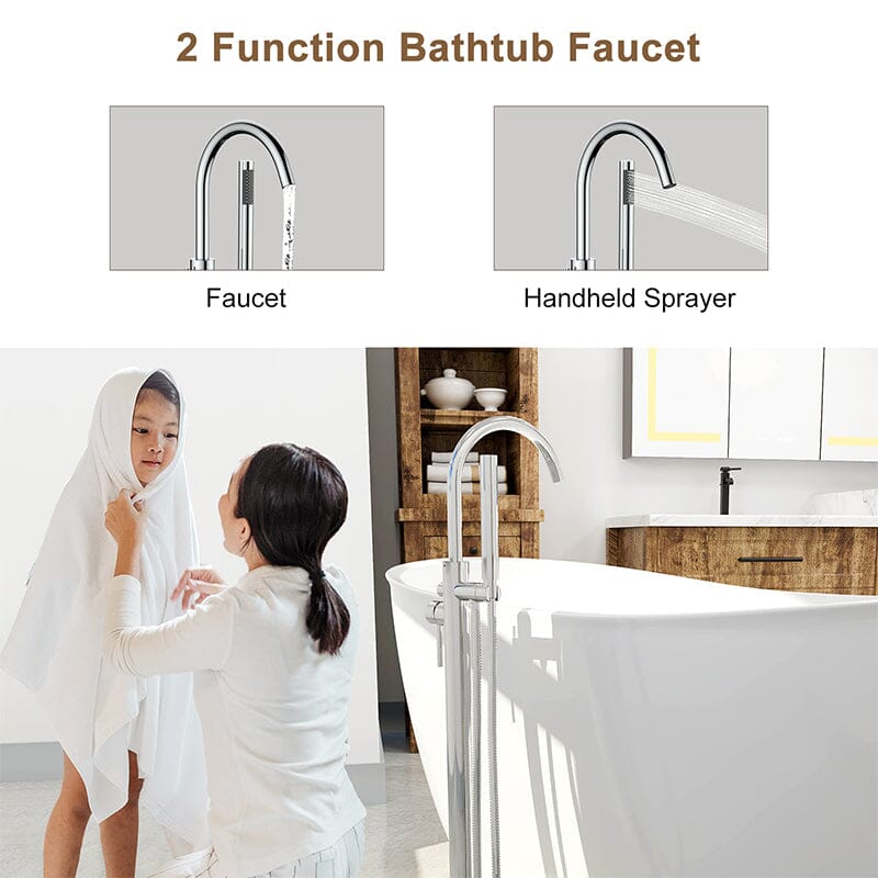 Freestanding Tub Filler Floor Mount Bathtub Faucet with Handheld Shower Chrome