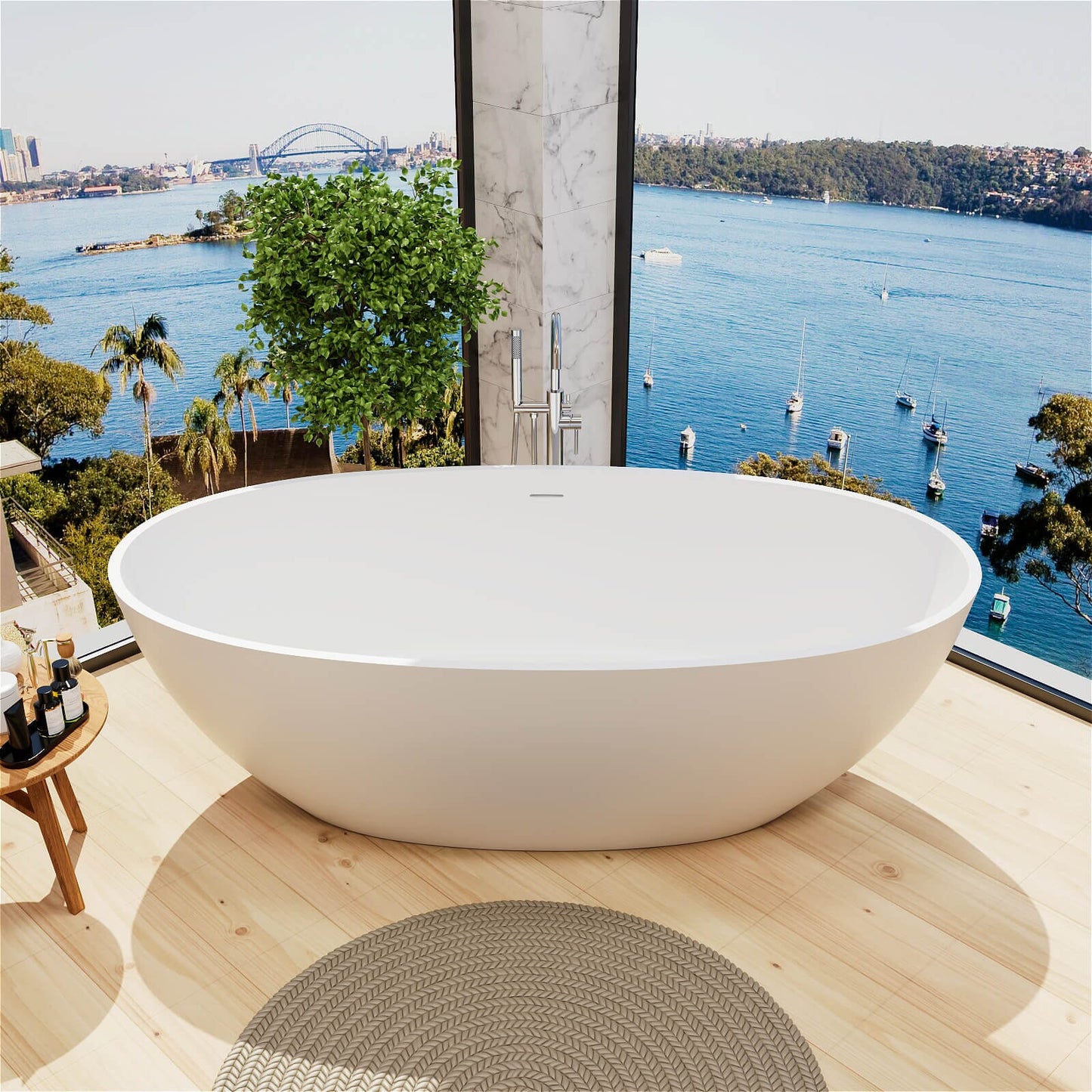 71'' Solid Surface Stone Resin Oval-shaped Freestanding Soaking Bathtub with Overflow