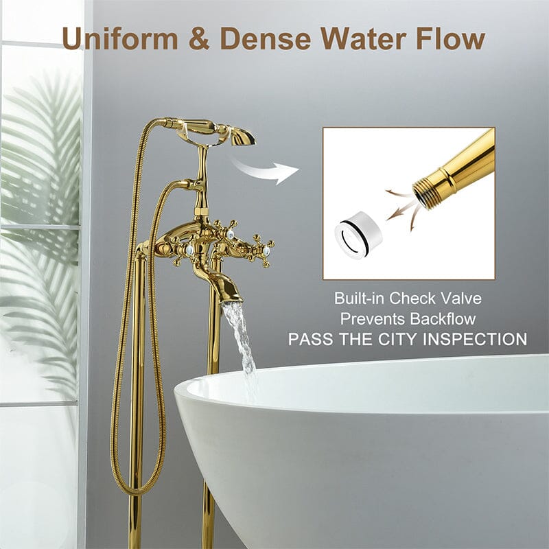 Floor Mount Freestanding Bathtub Faucet with Handheld Shower Gold Retro Style