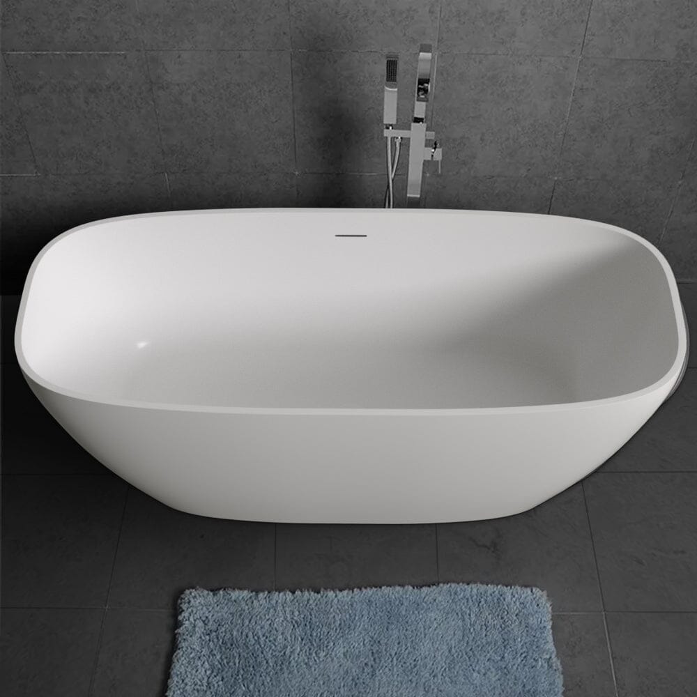 67'' Solid Surface Stone Resin Modern Oval Matte White Freestanding Soaking Bathtub with Overflow