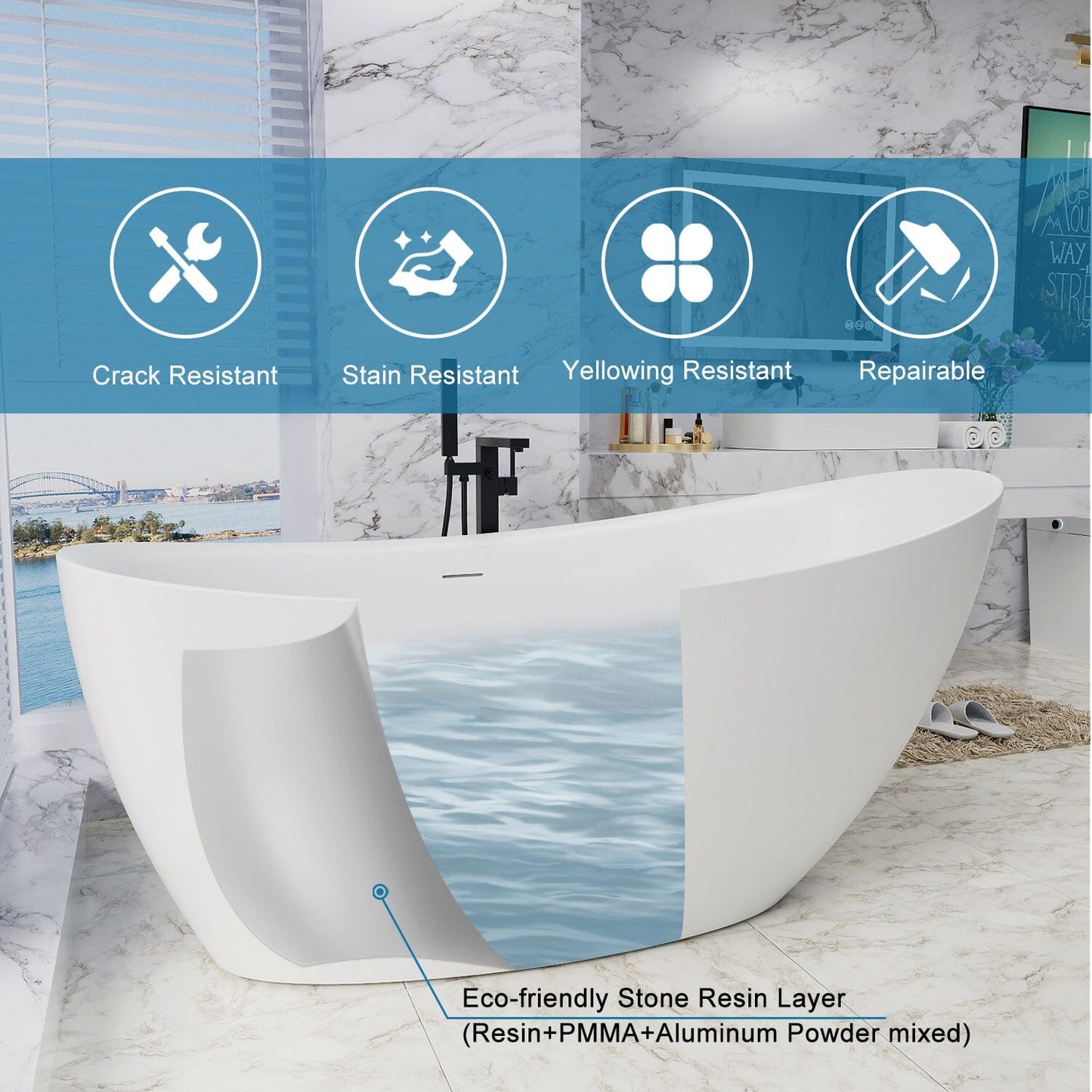 67'' Single Slipper Tub Solid Surface Stone Resin Freestanding Soaking Bathtub