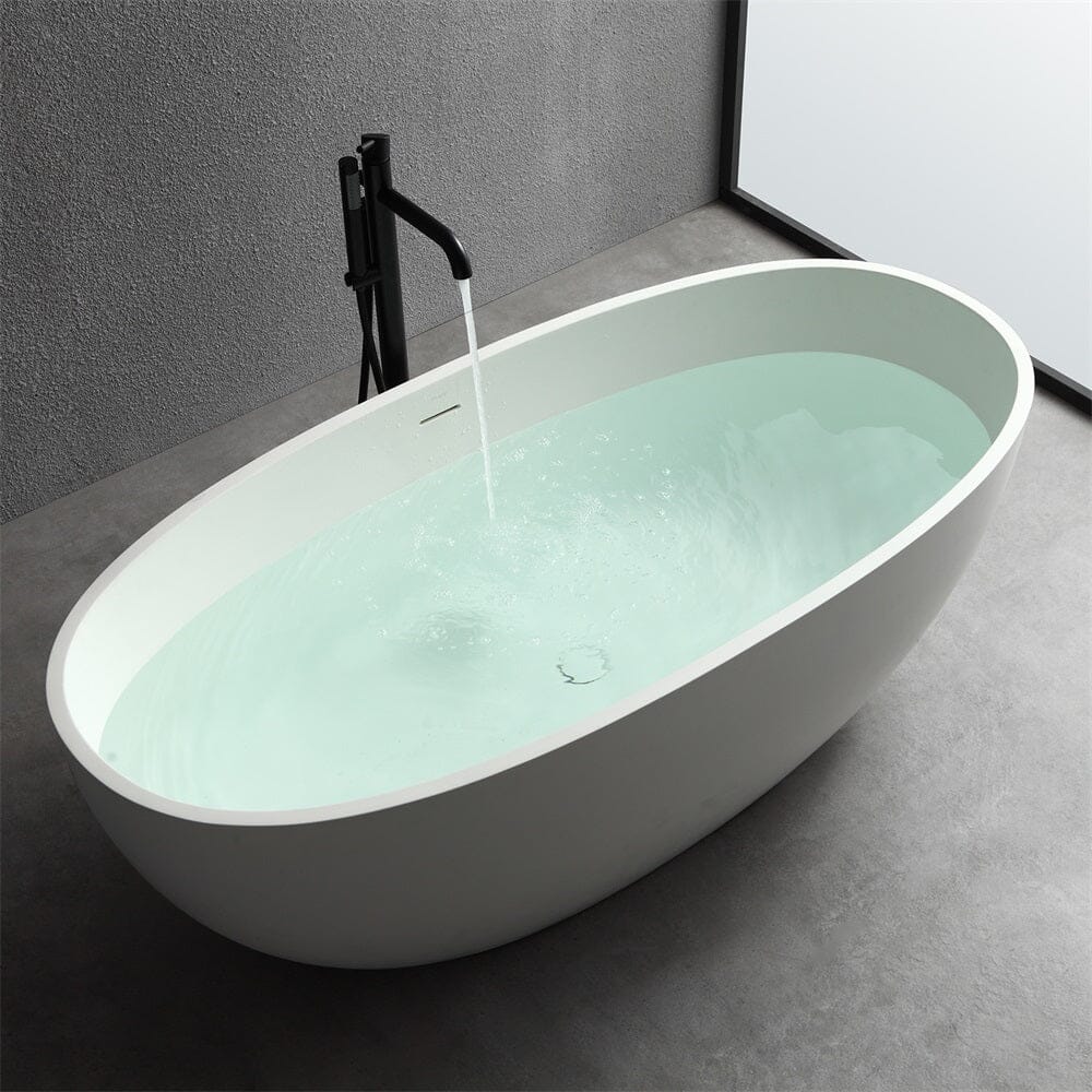 65'' Solid Surface Stone Resin Oval-shaped Freestanding Soaking Bathtub with Overflow