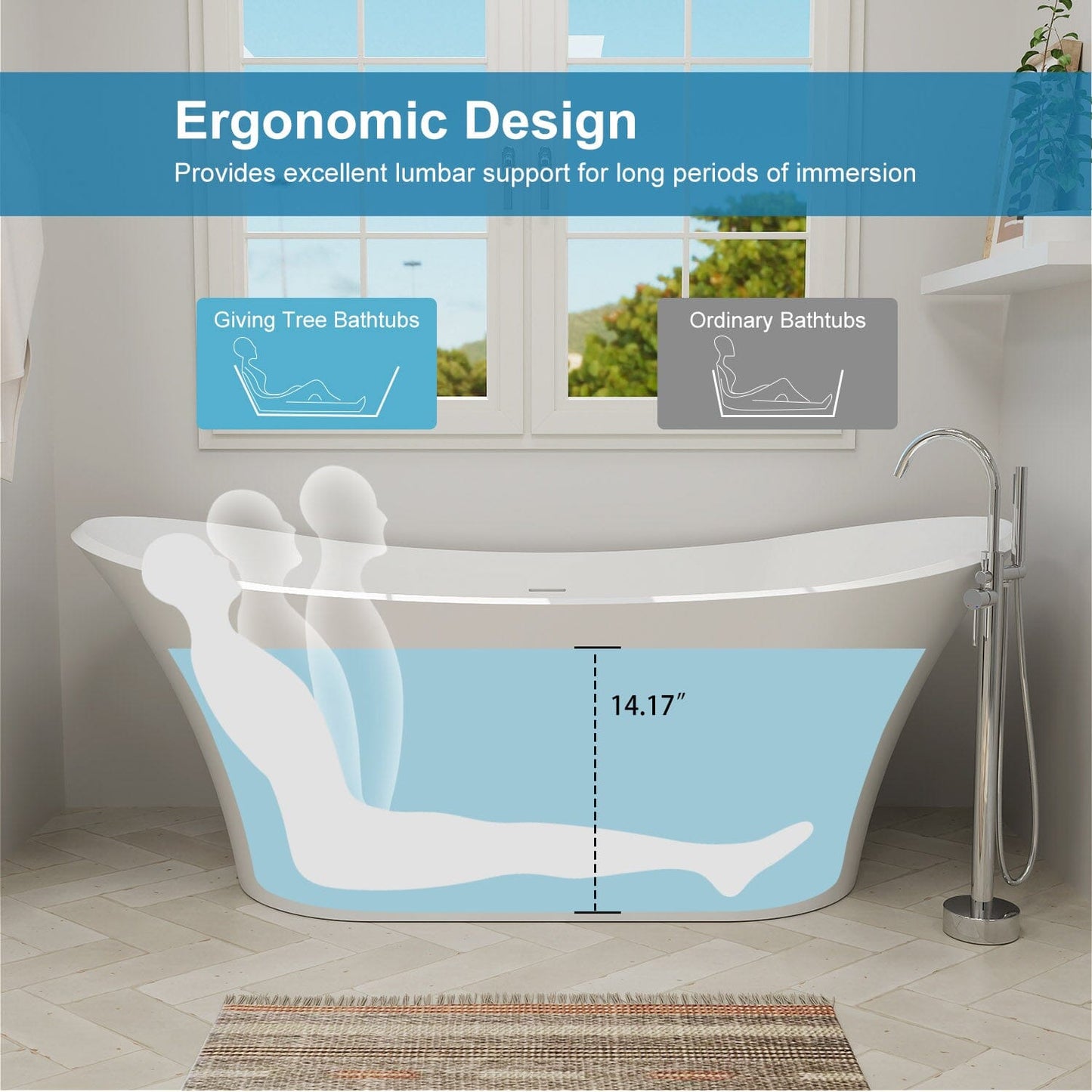 70'' Double Slipper Tub Solid Surface Stone Resin Freestanding Soaking Bathtub