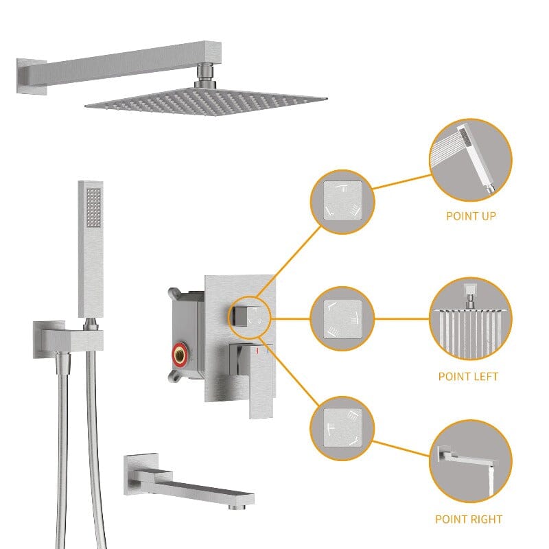 12" Square Shower Set with Hand Shower & Tub Spout Shower Combo Set