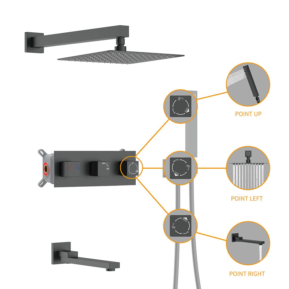 Bathroom 12" Square Wall Mounted Shower Set with Hand Shower & Tub Spout