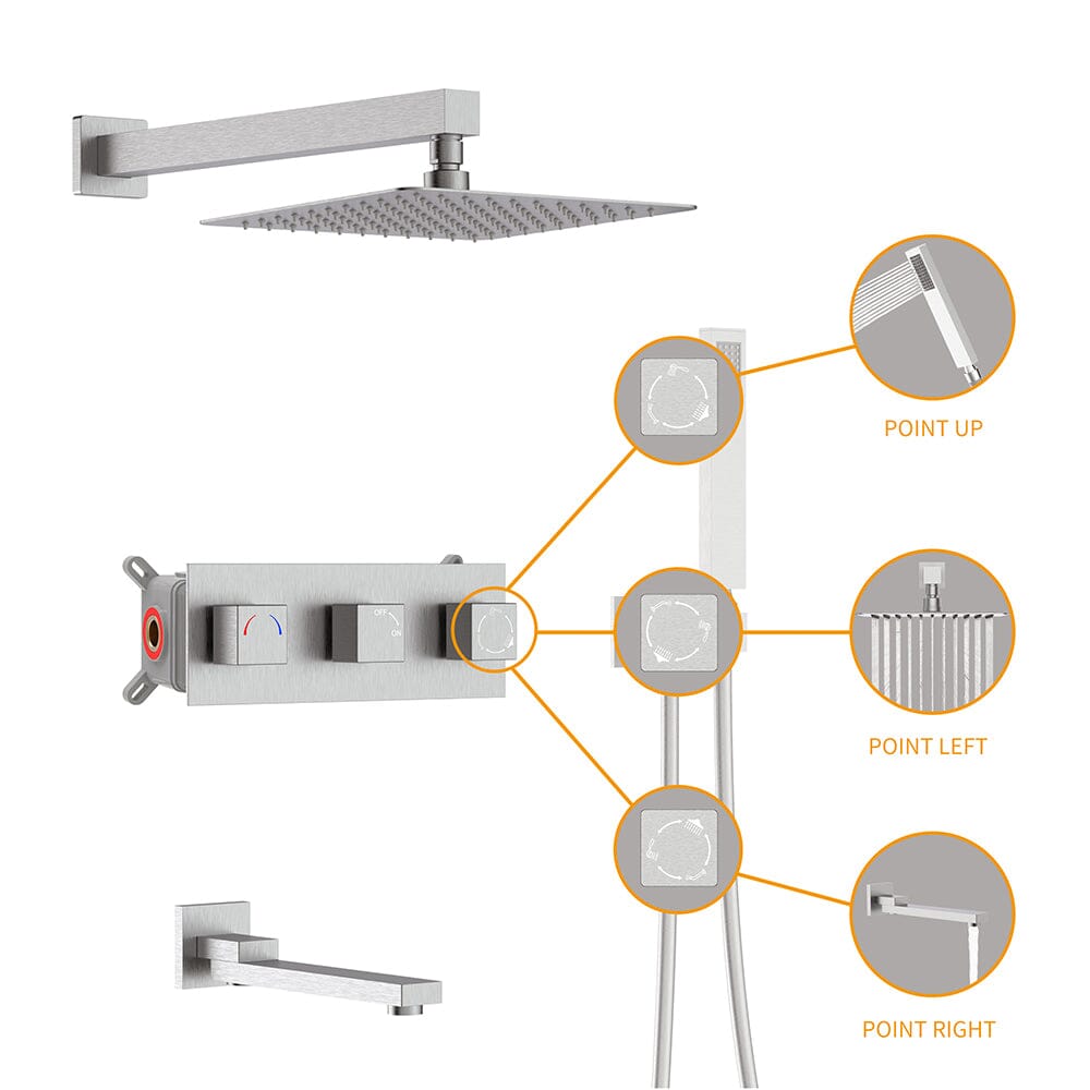 Bathroom 12" Square Wall Mounted Shower Set with Hand Shower & Tub Spout