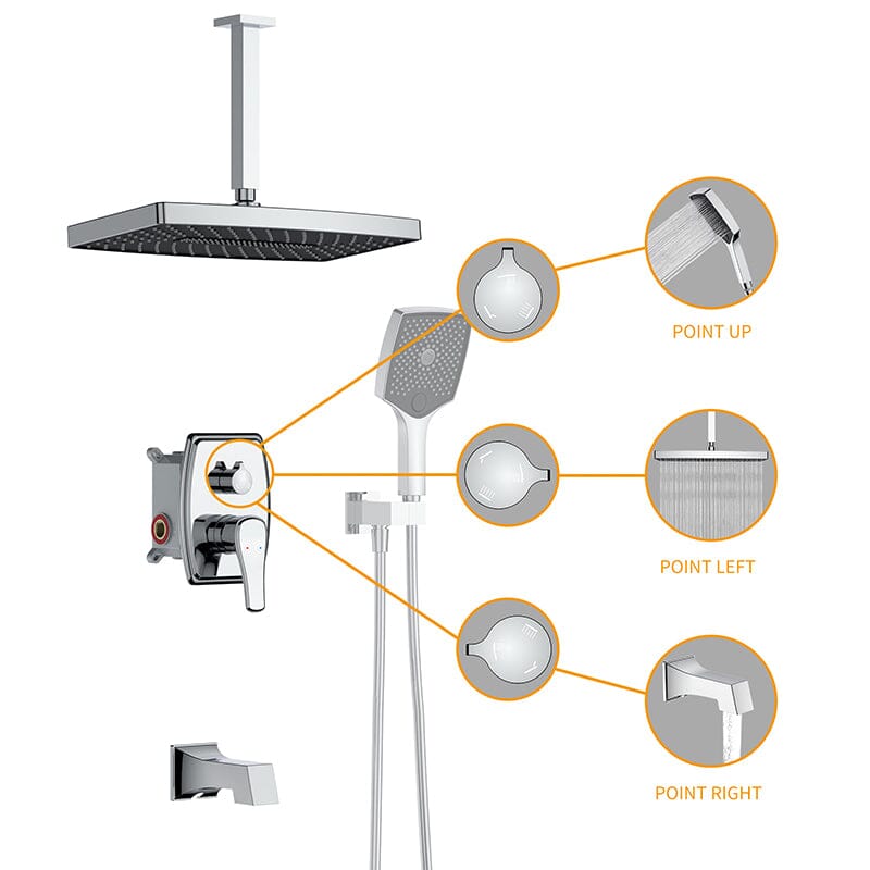 Shower Systems 14" Rectangular Ceiling Shower Head with Hand Shower & Tub Spout