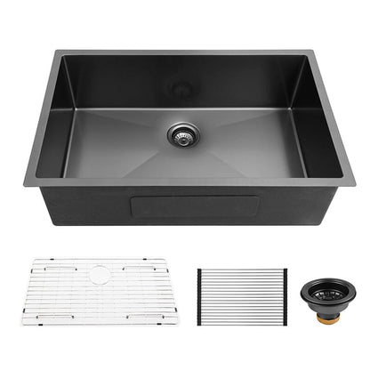 33" x 21" Undermount Kitchen Sink 16 Gauge Stainless Steel Single Bowl with Bottom Grid, Roll-up Rack, Drainer