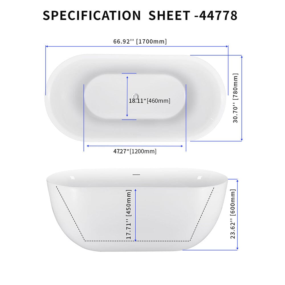 67" Acrylic Oval Large Space Freestanding Soaking Bathtub White